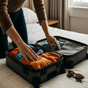 A person packing items into an open suitcase on top of a bed